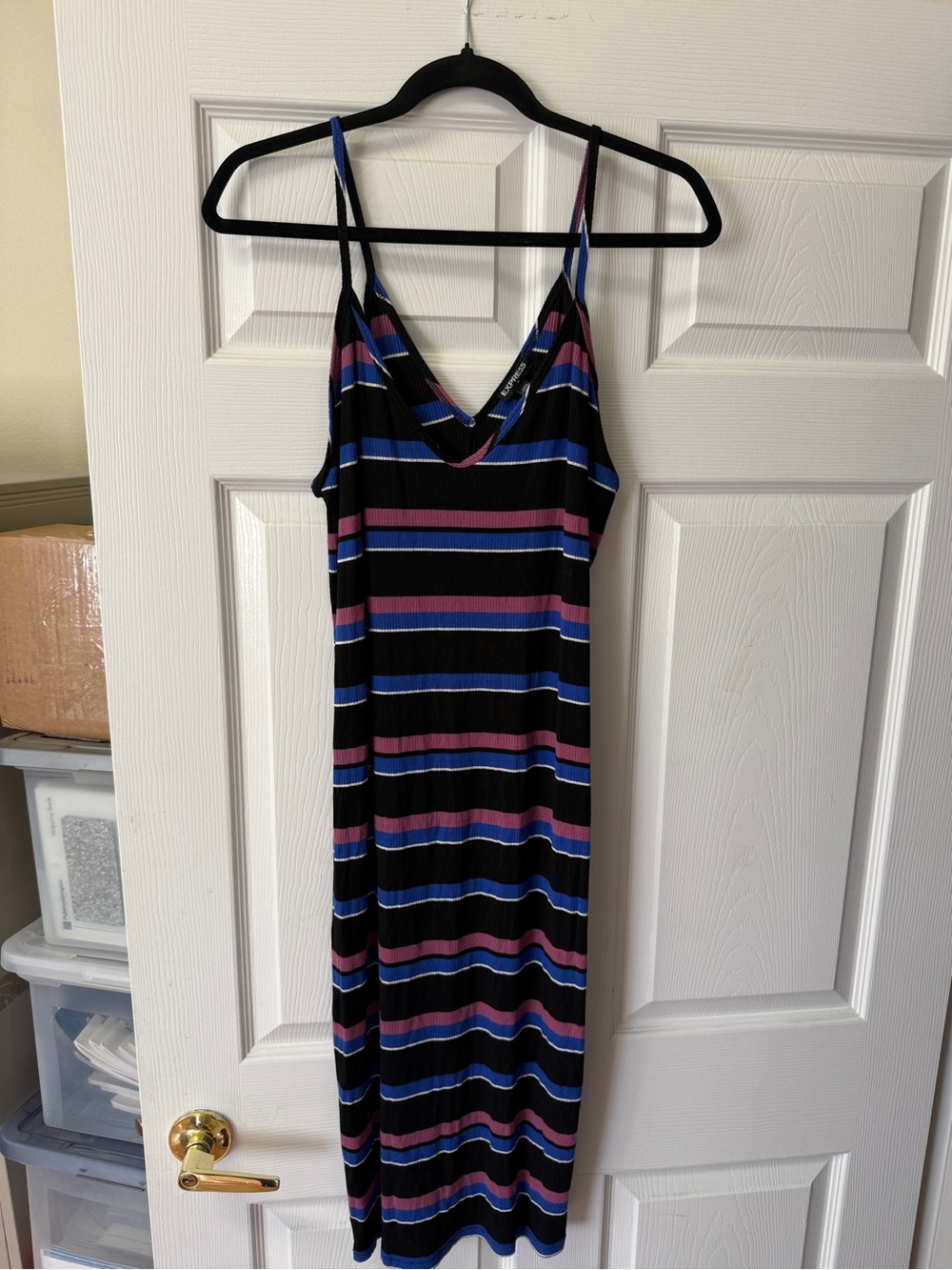 Express Ribbed Knit Striped Midi Bodycon Dress Blue Purple Black-Size L